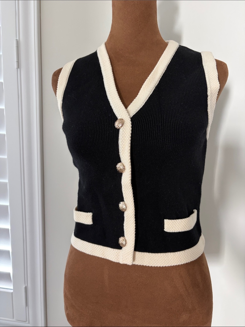 Sleeveless Knit Vest in Black with Cream Trim